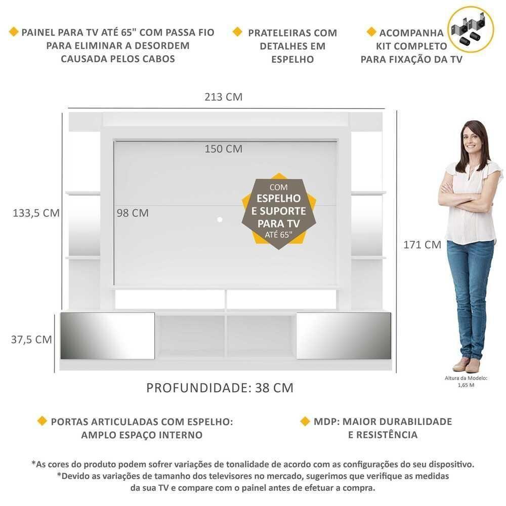 Estante Com Suporte Tv 65" E Espelho Oslo Multimóveis V3381 Branca/Lacca Fumê Branco/Lacca Fumê - 6