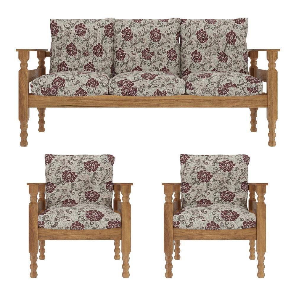 Jogo Sofá Madeira Maciça 3 Lugares E 2 Poltronas Liz Multimóveis Vcr7001 Floral Vermelho Floral Vermelho - 2