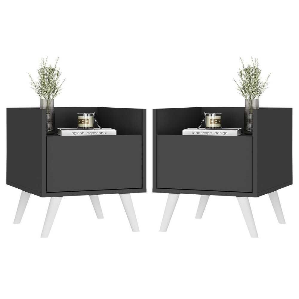 Kit Com 2 Mesas De Cabeceira 40 Cm Com Pés Retrô Multimóveis Mp4044 Preta/Branca - 1