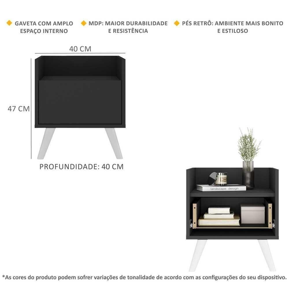 Kit Com 2 Mesas De Cabeceira 40 Cm Com Pés Retrô Multimóveis Mp4044 Preta/Branca - 5