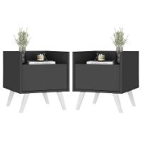 Kit Com 2 Mesas De Cabeceira 40 Cm Com Pés Retrô Multimóveis Mp4044 Preta/Branca - 1