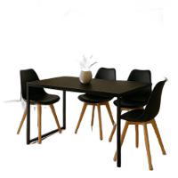 Conjunto Mesa De Jantar Retangular 120x80cm Com Tampo Preto E Estrutura Em Aço Preto + 4 Cadeiras Pretas Pés Em Madeira - 1