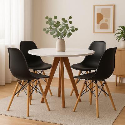 Conjunto Mesa Redonda Branca 90cm + 4 Cadeiras Eames Pretas Pés Madeira Sala Jantar Cozinha Moderna
