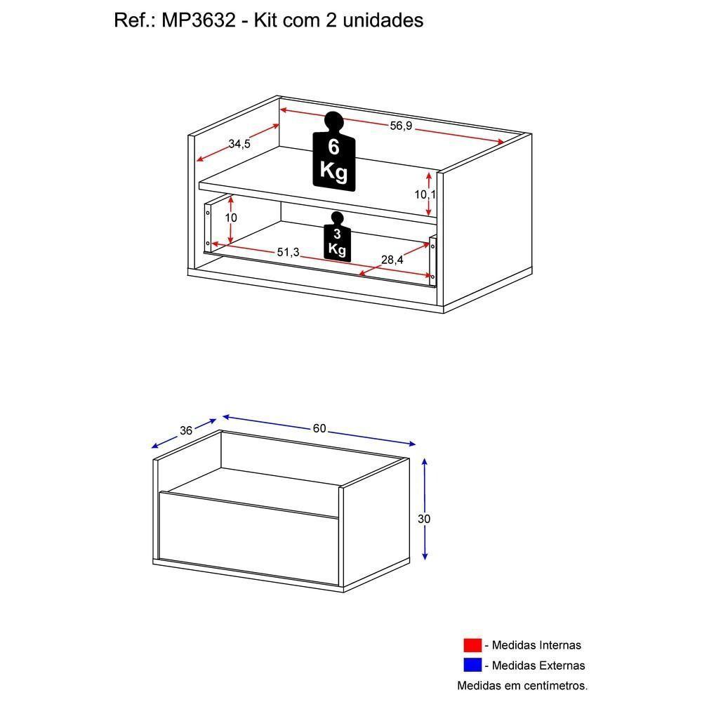 Kit com 2 Mesas de Cabeceira 60 Cm Suspensa Preta - 2