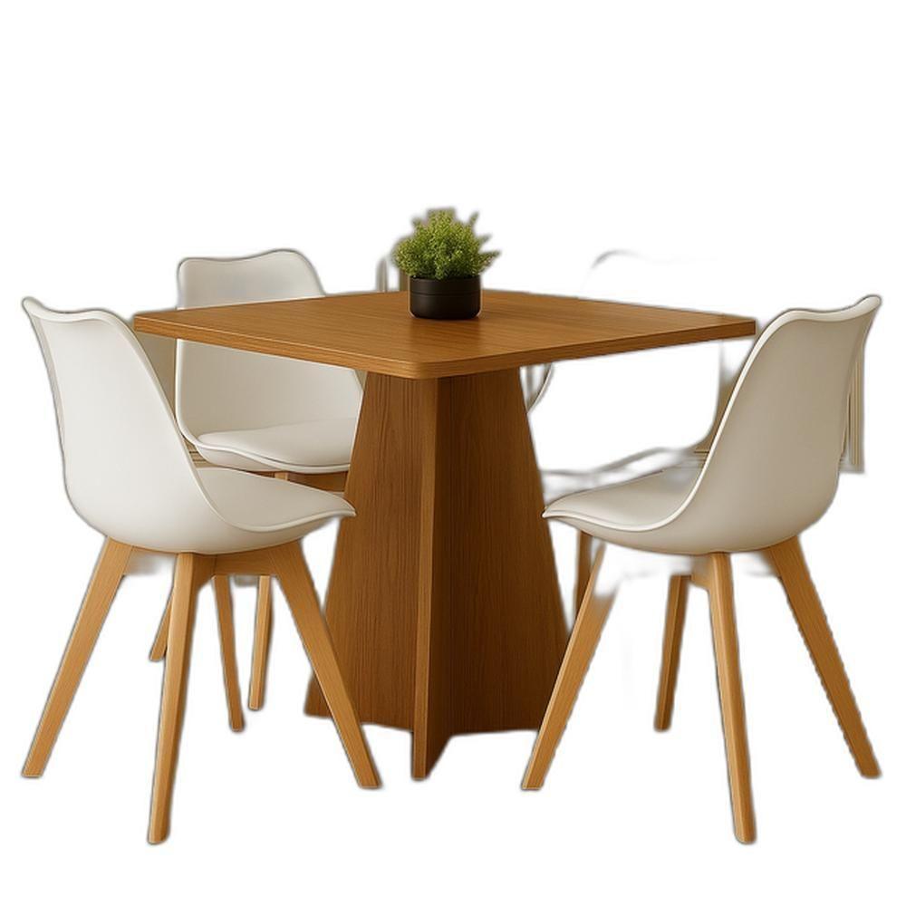 Conjunto De Jantar Sofisticado – Mesa Quadrada Em Madeira + 4 Cadeiras Brancas Com Pés Em Madeira - 1