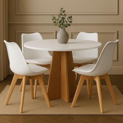 Mesa De Jantar Redonda Com 4 Cadeiras Brancas Base Madeira Moderna