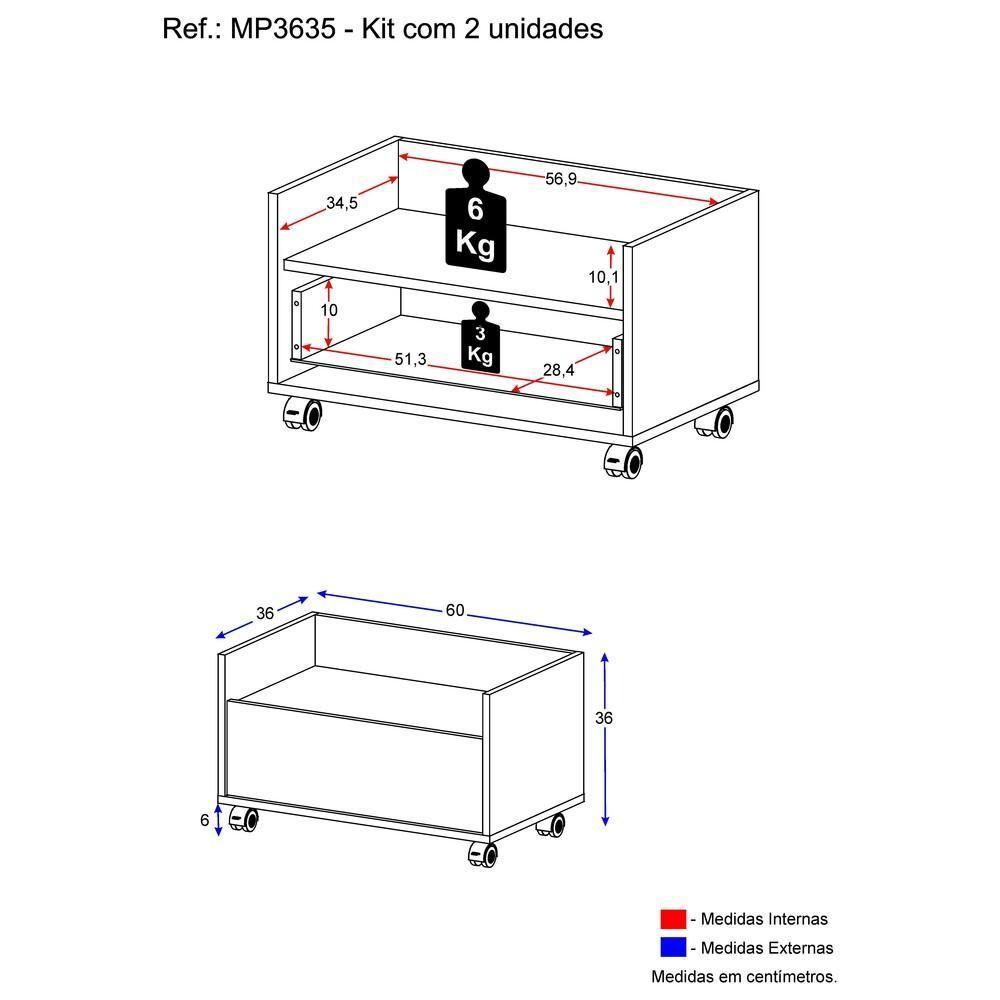 Kit com 2 Mesas de Cabeceira 60cm com Rodízios Branca - 8