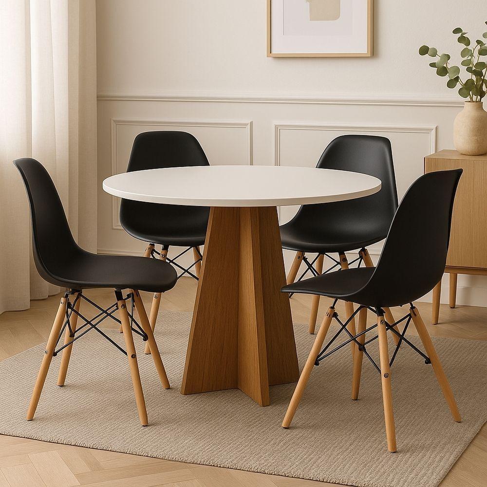 Conjunto Mesa Redonda Branca 90cm + 4 Cadeiras Eames Pretas Pés Madeira Sala Jantar Cozinha Moderna - 1