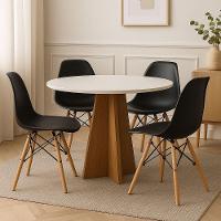 Conjunto Mesa Redonda Branca 90cm + 4 Cadeiras Eames Pretas Pés Madeira Sala Jantar Cozinha Moderna - 1
