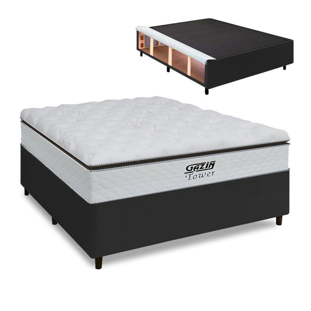Cama Box Baú King Gazin Colchão Com Molas Ensacadas 193x203x78cm Tower Branco / Preto - 1