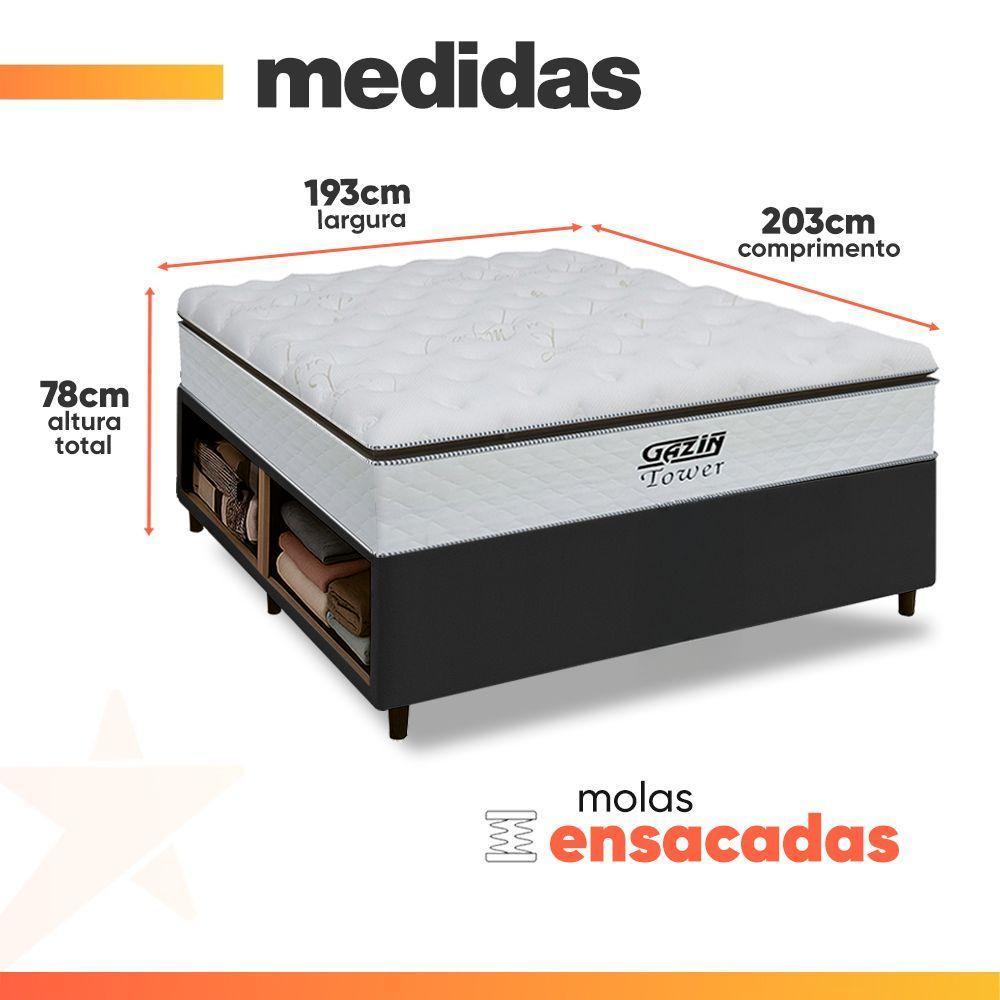 Cama Box Baú King Gazin Colchão Com Molas Ensacadas 193x203x78cm Tower Branco / Preto - 6