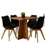 Conjunto Mesa De Jantar Quadrada 90cm Com 4 Cadeiras Pretas Pés De Madeira – Design Moderno E Sofisticado - 1