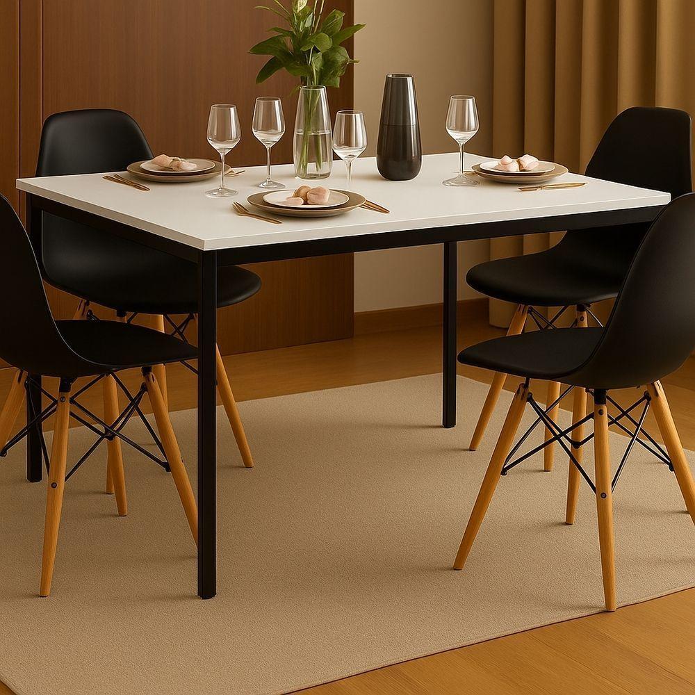 Conjunto Mesa De Jantar Retangular 120x80cm Com 4 Cadeiras Eames Pretas – Tampo Branco - 1