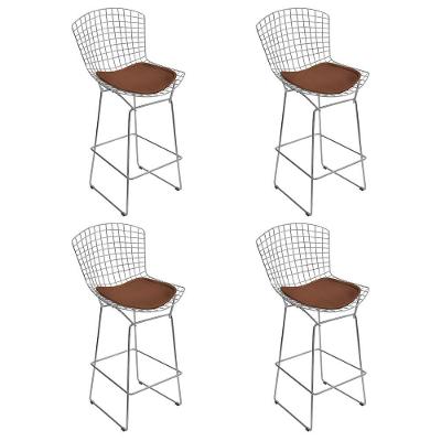 Kit 4 Banquetas Bistrô Bertoia Cromada D70 Com Assento Sintético Marrom