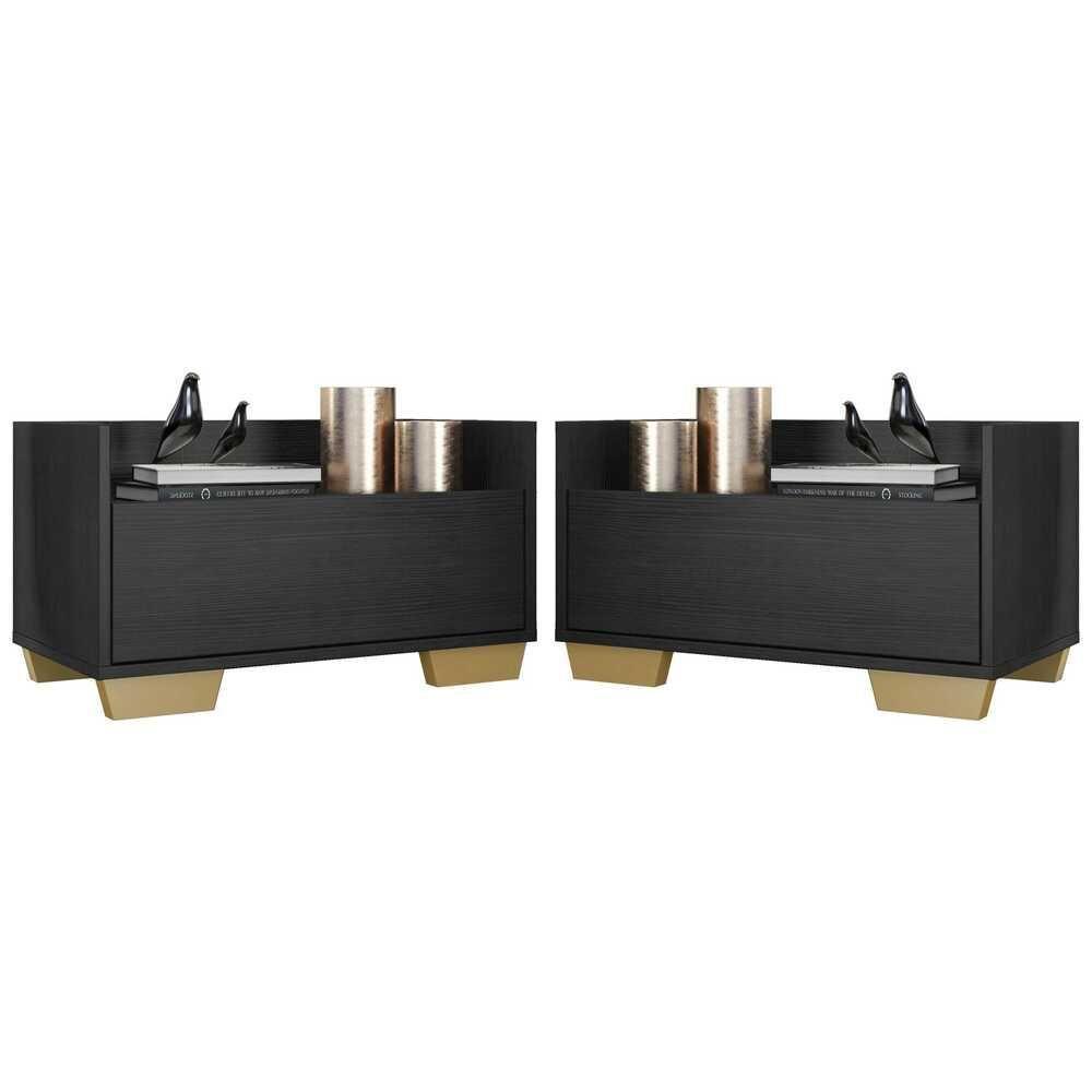 Kit com 2 Mesas de Cabeceira 60 Cm com Pés Quadrados Preta - 1