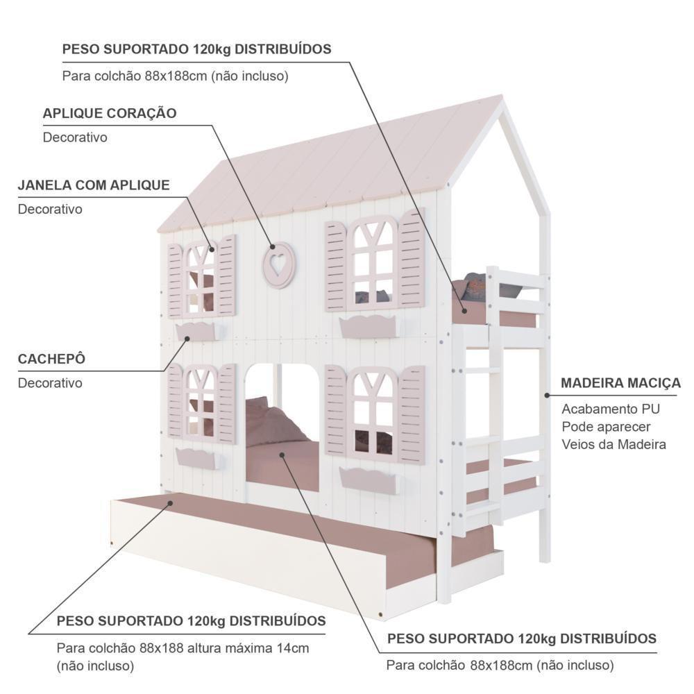 Treliche Casinha Bela Com Coração 4 Janelas Venezianas - Madeira Maciça Branco/rosa Housin - 4