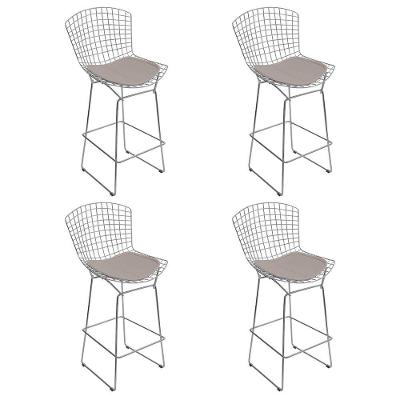 Kit 4 Banquetas Alta Bistrô Bertoia Cromada D80 Com Assento Sintético Bege