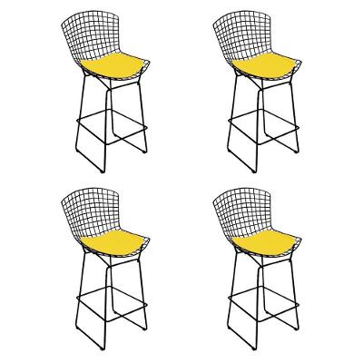 Kit 4 Banquetas Bistrô Bertoia Preta D80 Com Assento Amarelo