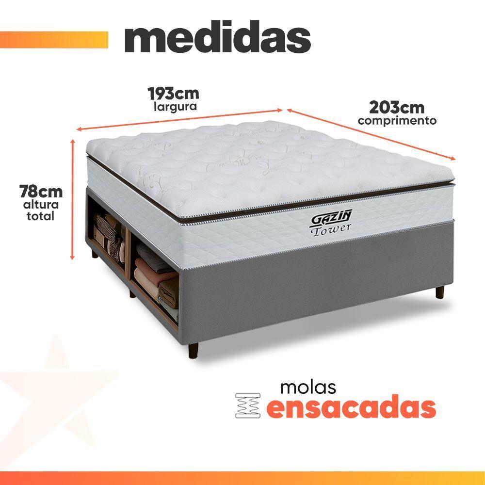 Cama Box Baú King Gazin Colchão Com Molas Ensacadas 193x203x78cm Tower Branco / Cinza - 6