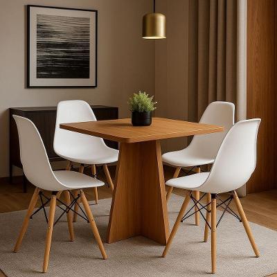 Conjunto Mesa De Jantar 90cm Quadrada Em Madeira+4 Cadeiras Eames Brancas Pés De Madeira