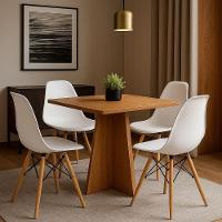 Conjunto Mesa De Jantar 90cm Quadrada Em Madeira+4 Cadeiras Eames Brancas Pés De Madeira - 1