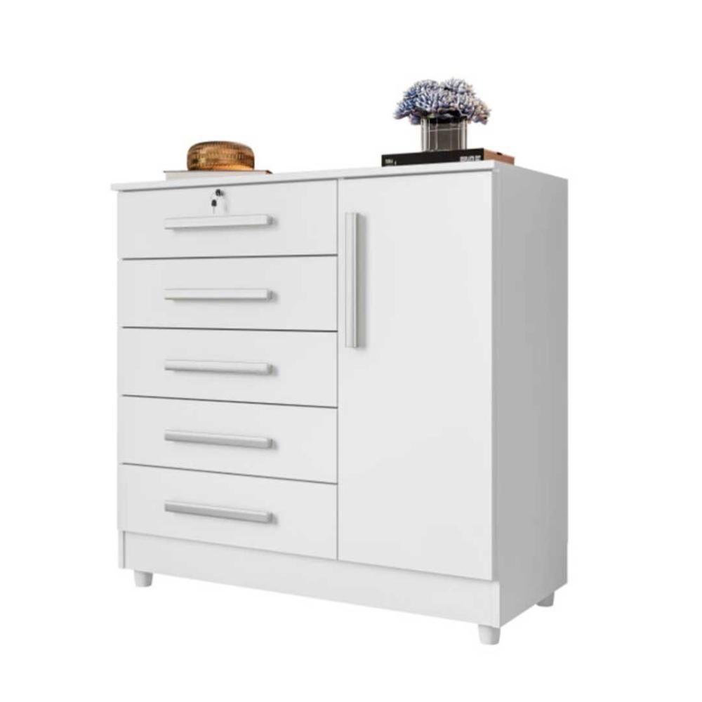 Cômoda Grande 5 Gavetas 1 Porta Com Chave Elegante Branco Repleta Branco - 4
