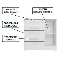 Cômoda Grande 5 Gavetas 1 Porta Com Chave Elegante Branco Repleta Branco - 2