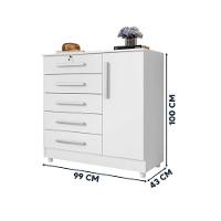 Cômoda Grande 5 Gavetas 1 Porta Com Chave Elegante Branco Repleta Branco - 3