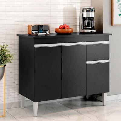 Balcão Para Cozinha 3 Portas Forks Preto Fosco