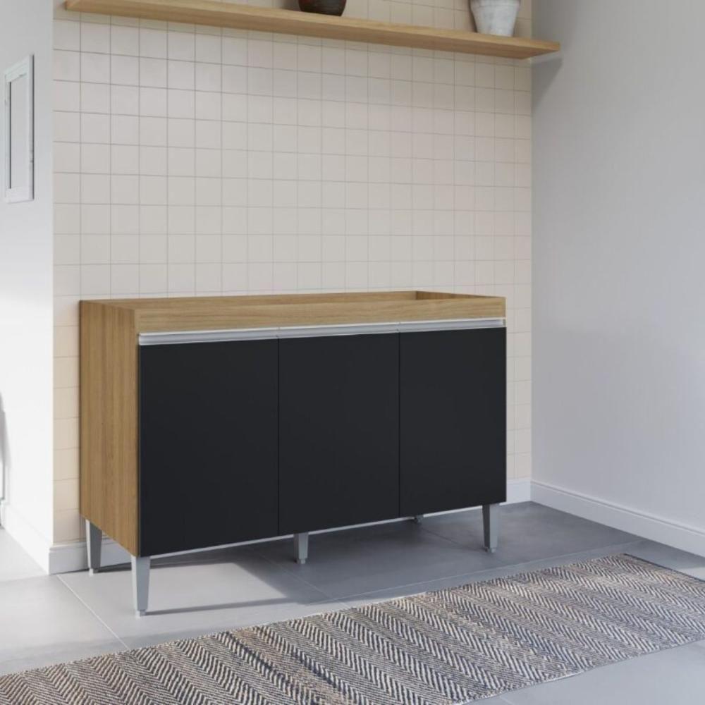 Balcão Para Cozinha 3 Portas Leyton Amendoa Preto - 1