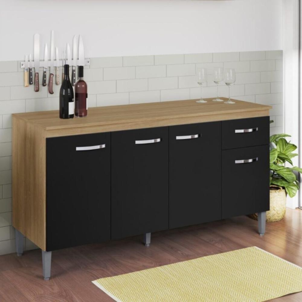 Balcão Para Cozinha 3 Portas 1,50m Derby Amendoa Preto - 1