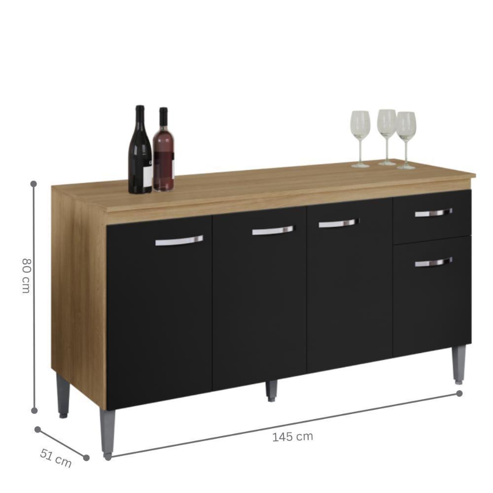 Balcão Para Cozinha 3 Portas 1,50m Derby Amendoa Preto - 2