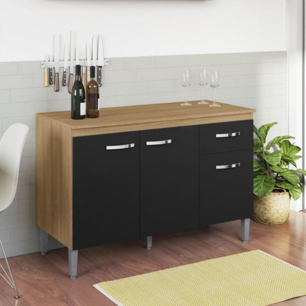 Balcão Para Cozinha 2 Portas 1,20m Derby Amendoa Preto - 1