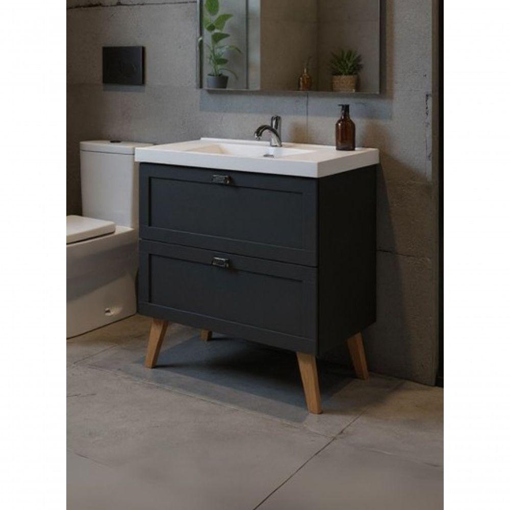 Gabinete Para Banheiro Com Cuba E Armario 80cm Retro Mdf Grafite Milano - On Móveis - 5