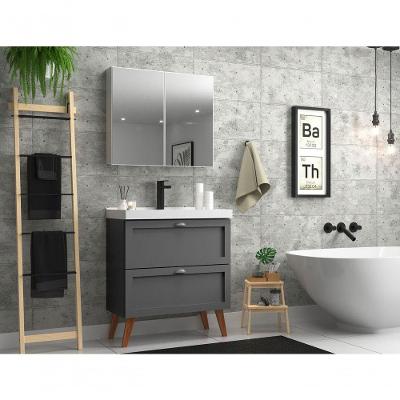 Gabinete Para Banheiro Com Cuba E Armario 80cm Retro Mdf Grafite Milano - On Móveis