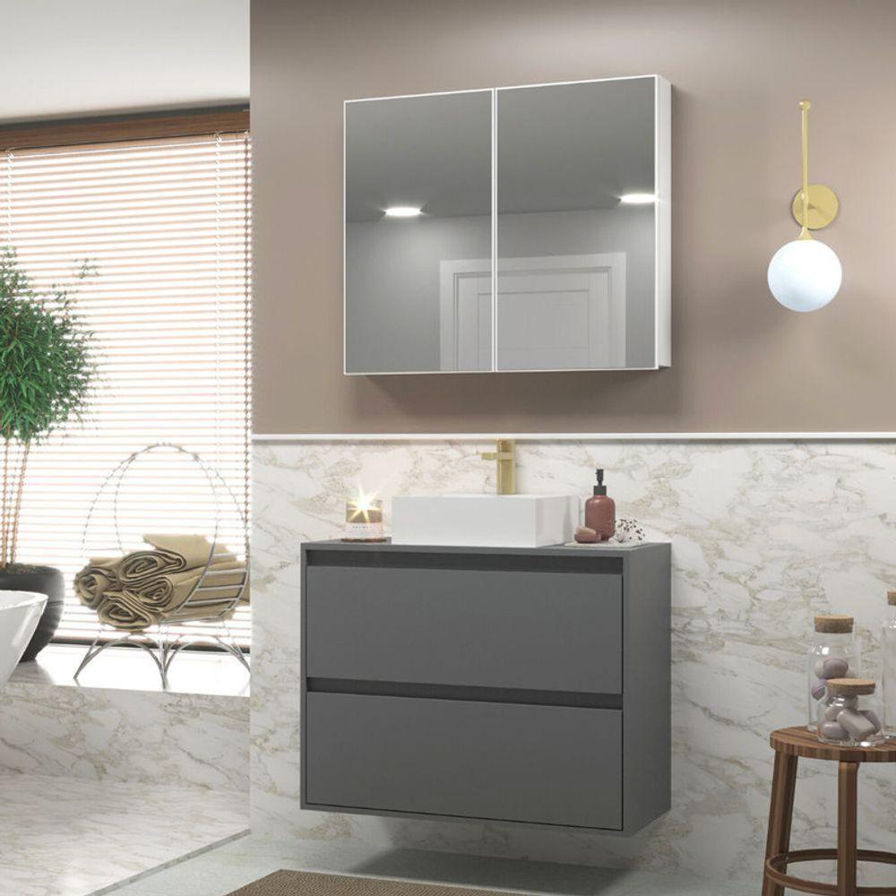 Gabinete Para Banheiro Com Cuba E Armario 80cm Mdf Grafite Dubai - On Móveis - 1