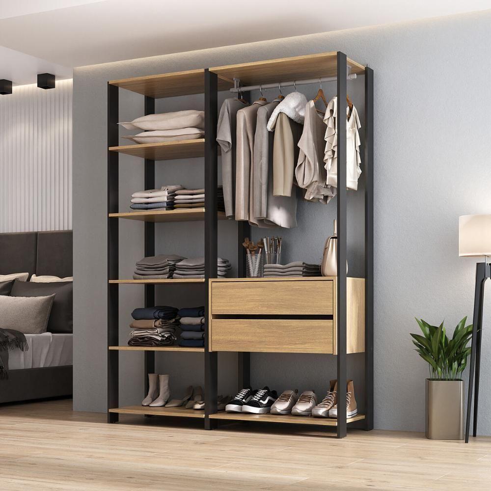 Closet Aberto Modulado Arara Organizadora Com Cabideiro 135cm Allegra Multimóveis Mp4389 Preto/madeirado - 1