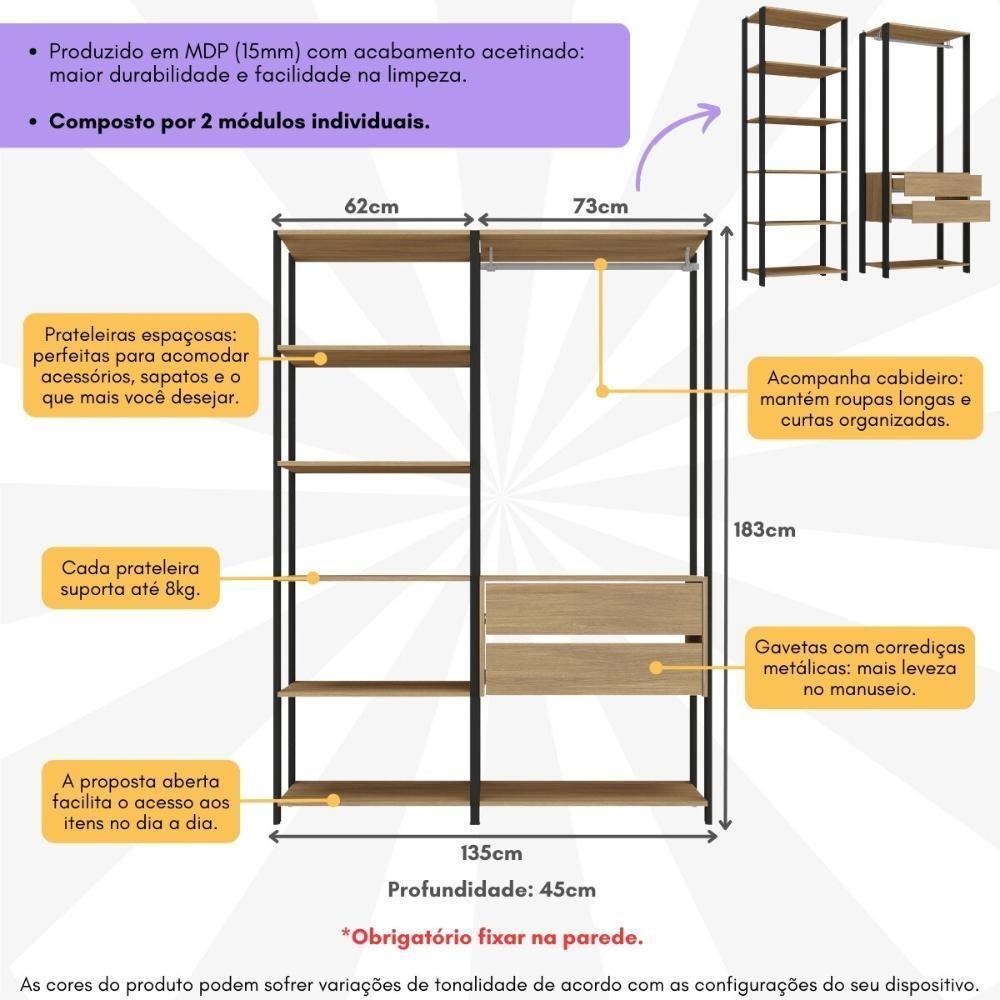 Closet Aberto Modulado Arara Organizadora Com Cabideiro 135cm Allegra Multimóveis Mp4389 Preto/madeirado - 3