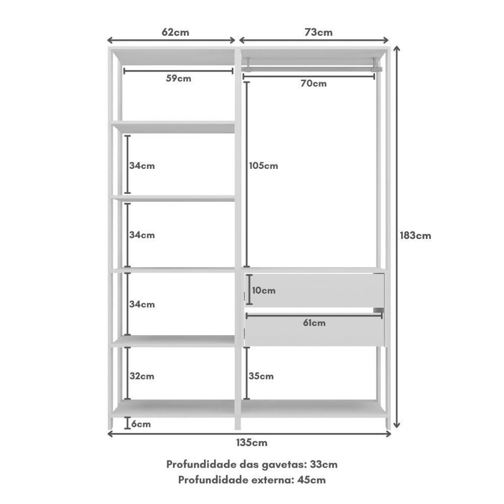 Closet Aberto Modulado Arara Organizadora Com Cabideiro 135cm Allegra Multimóveis Mp4389 Branco - 7