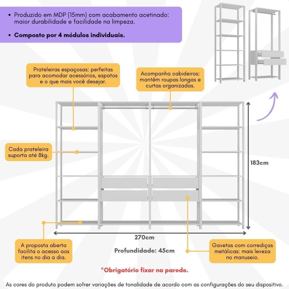 Closet Aberto Modulado Arara Organizadora Com Cabideiro 270cm Allegra Multimóveis Mp4390 Branco - 3