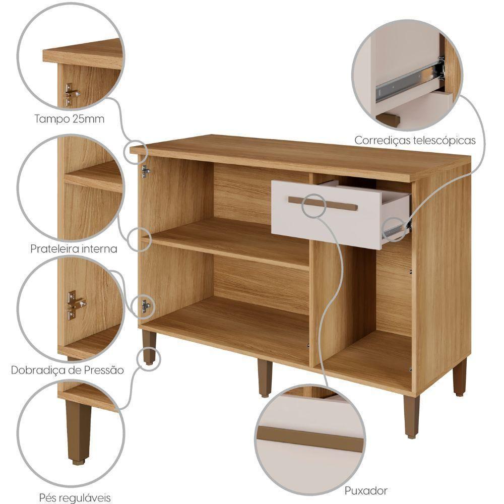 Balcão Imperial 3 Portas 1 Gaveta Cinamomo Off White Arte Móveis - 9