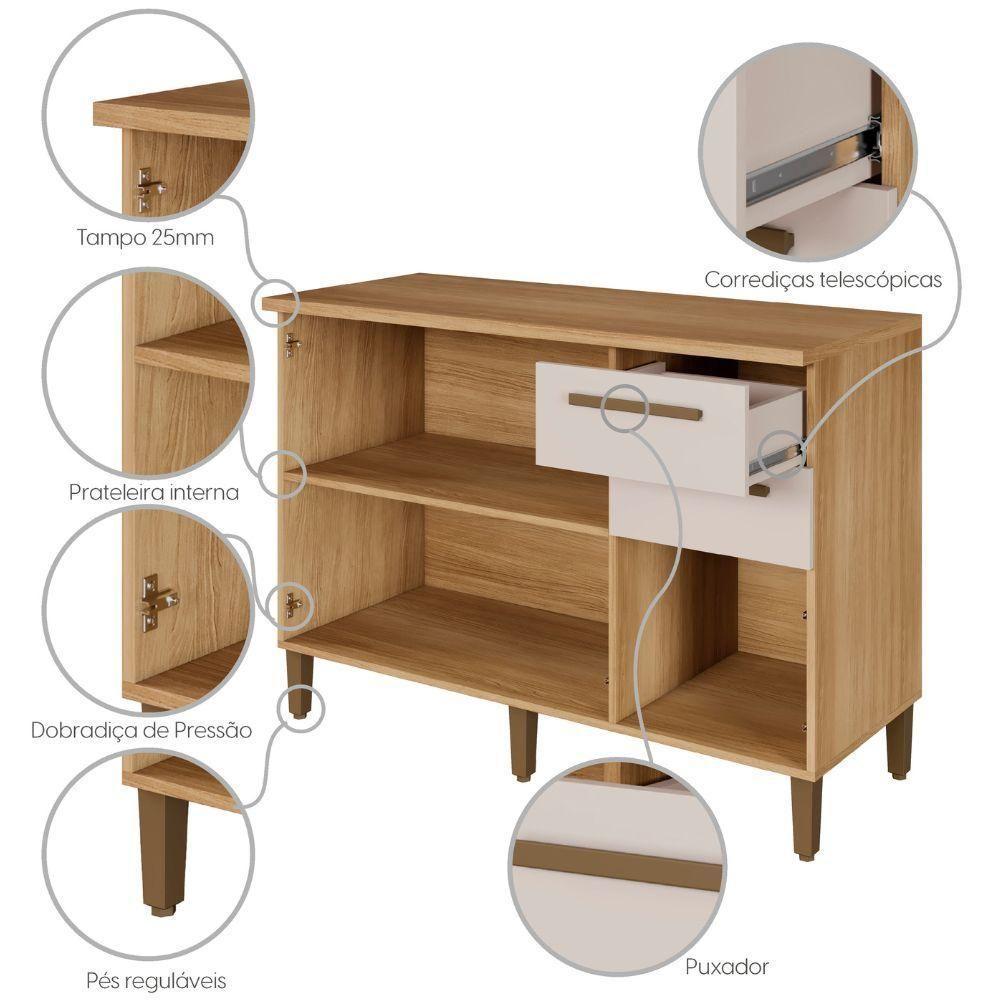 Balcão Diamante 3 Portas 2 Gavetas Cinamomo Off White Arte Móveis - 9