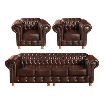 Conjunto Sofá 4 Lugares E 2 Poltrona Chesterfield Luís Xv Vintage Retrô Capitonê Couro Marrom
