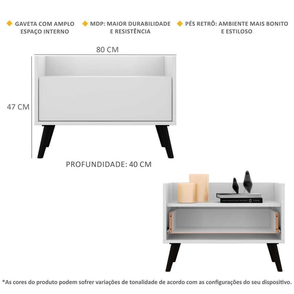 Mesa De Cabeceira 80Cm Retrô Multimóveis V4000 Branca/Preta Branco/Preto - 6