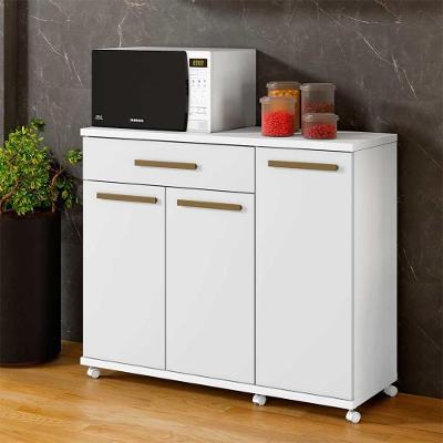 Balcão 3 Portas E 1 Gaveta Para Microondas Com Rodízios Branco Parati Shop Jm