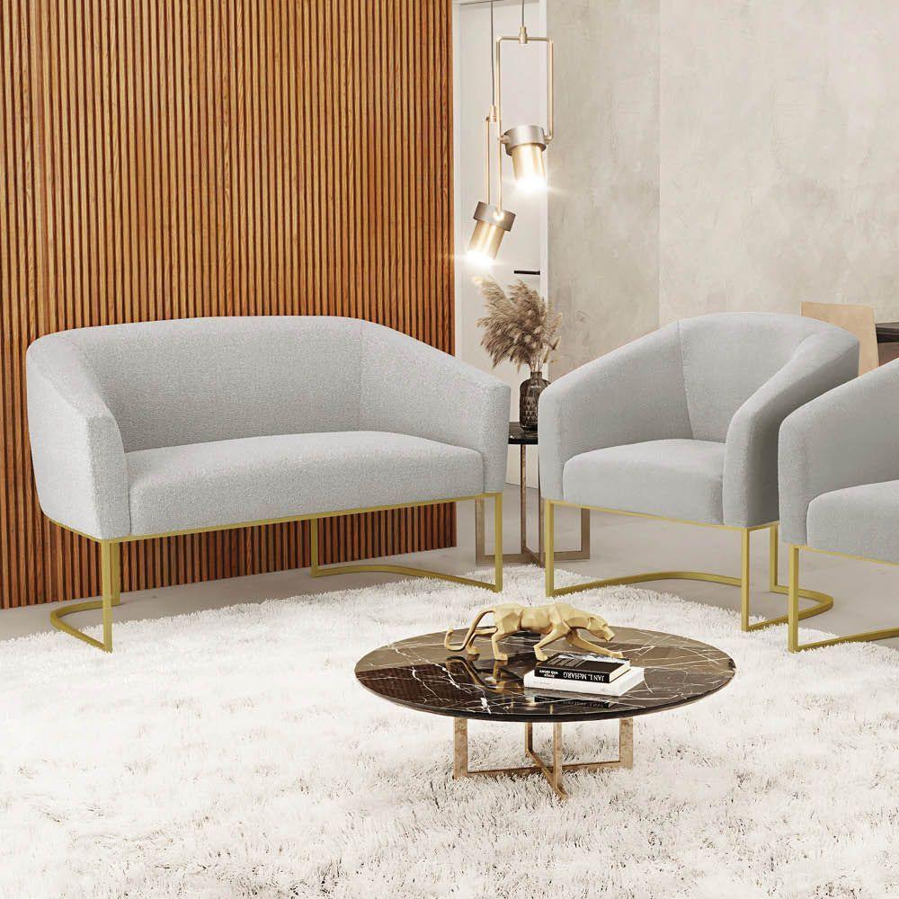 Sofá Namoradeira E Poltrona Industrial Dourado Stella Bouclê D03 - D´rossi Cinza - 8