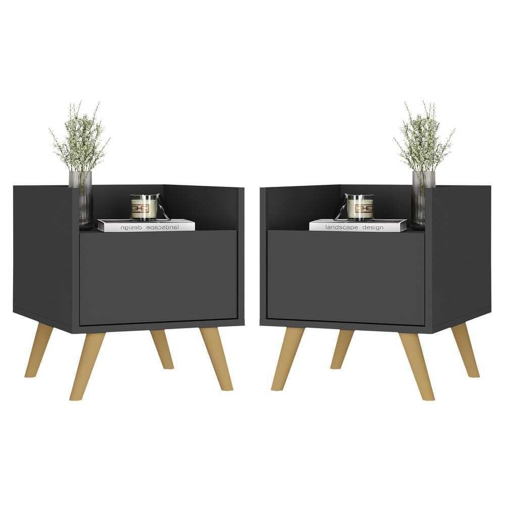 Kit Com 2 Mesas De Cabeceira 40 Cm Com Pés Retrô Multimóveis Mp4044 Preta/Natural - 1