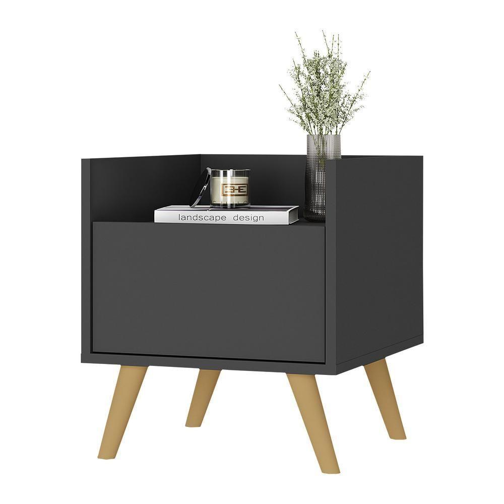 Kit Com 2 Mesas De Cabeceira 40 Cm Com Pés Retrô Multimóveis Mp4044 Preta/Natural - 6