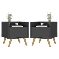Kit Com 2 Mesas De Cabeceira 40 Cm Com Pés Retrô Multimóveis Mp4044 Preta/Natural - 1