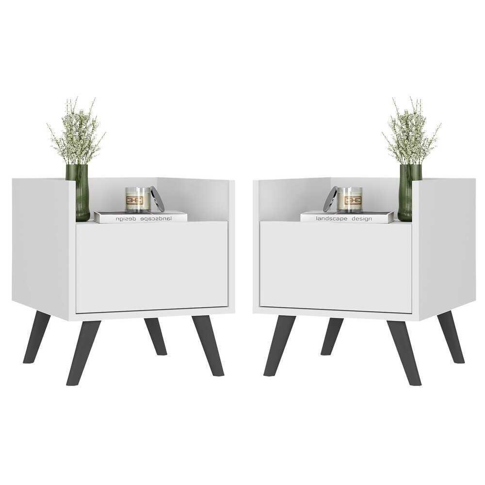 Kit Com 2 Mesas De Cabeceira 40 Cm Com Pés Retrô Multimóveis Mp4044 Branca/Preta - 1